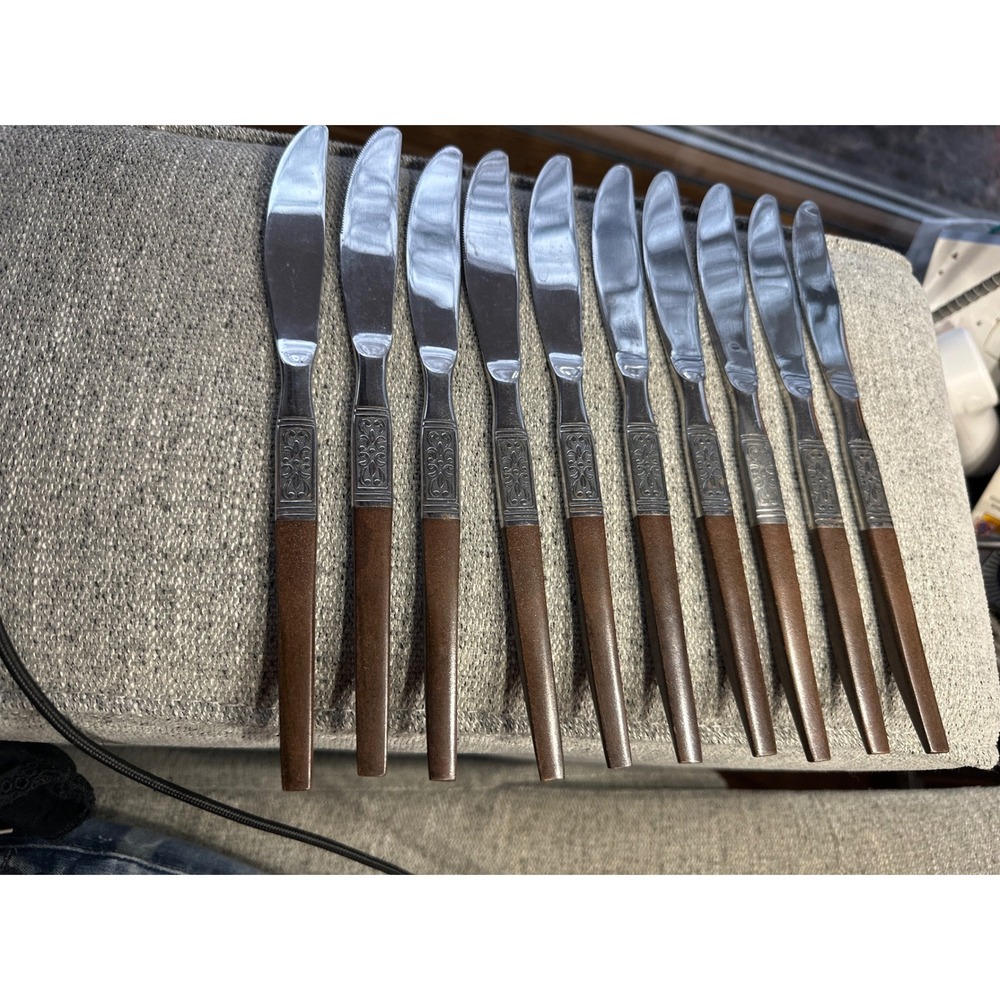 Vintage Set of 10 Steak Knives Stainless Steel Japan Brown Faux Wood Handle MCM